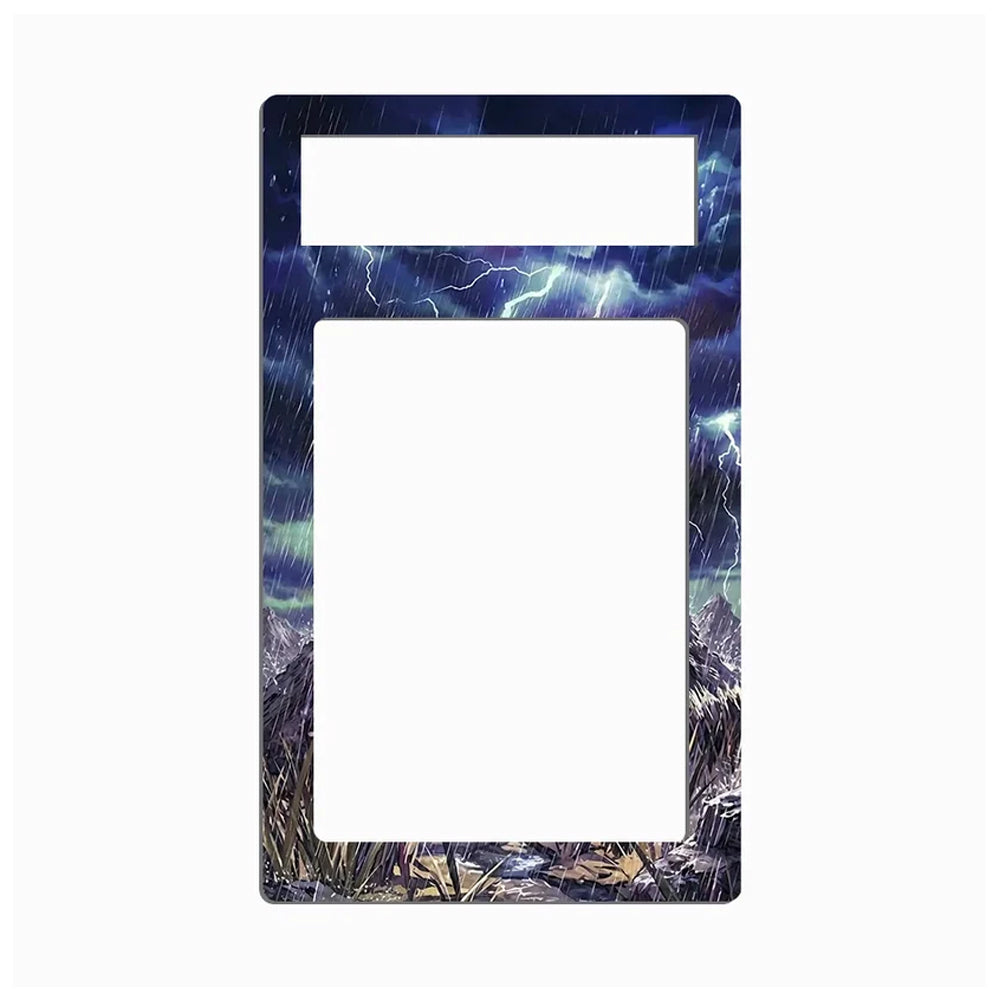 A decorative phone case or frame insert with a rectangular cutout, featuring an illustrated northern lights design in blue, purple, and green tones with lightning and mountain silhouettes, shown on a plain light gray background.