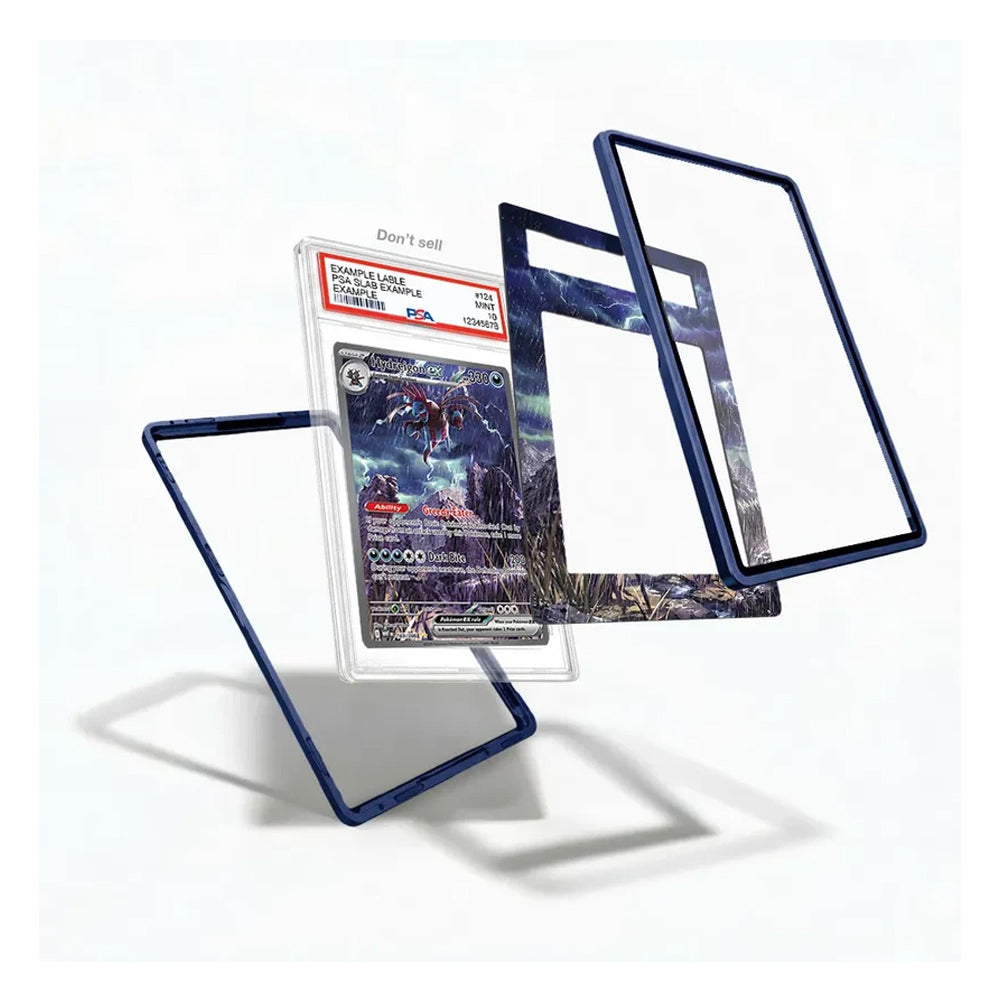 Three dark blue acrylic card sleeves are shown floating at different angles on a white background, with one sleeve containing a graded trading card.