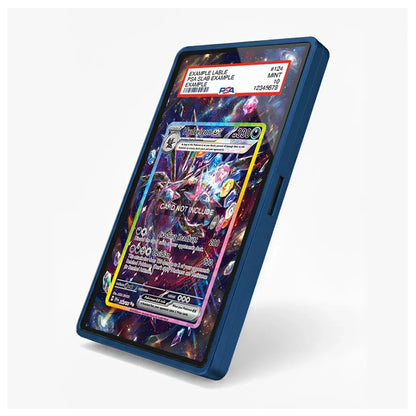 A blue protective phone case shown at an angle on a light gray background, featuring a colorful holographic Pokémon card design on the screen.