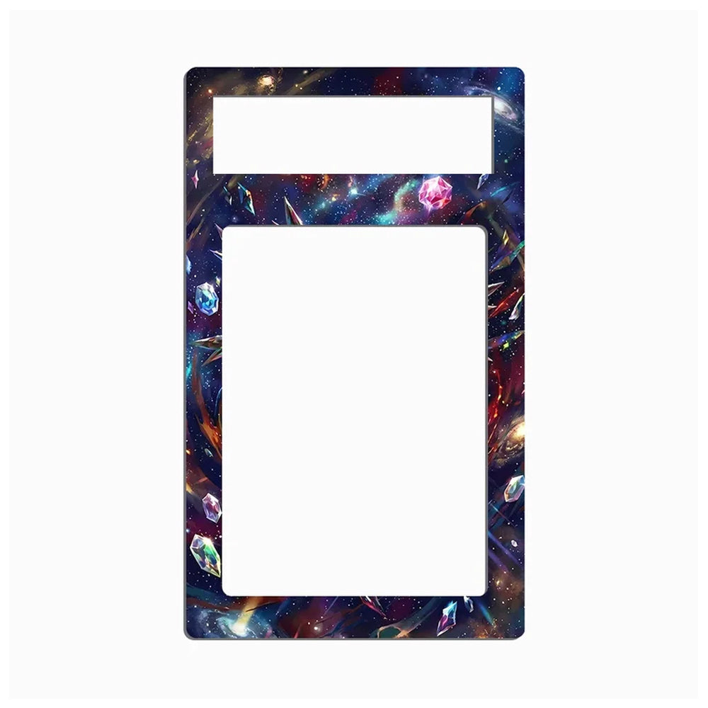 A rectangular decorative plate or frame with a colorful cosmic print featuring a large blank white center and a smaller white rectangular cutout at the top, set against a light gray background.