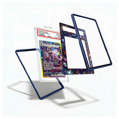 A set of protective card frames and inserts shown floating on a white background, with one clear frame holding a Pokémon TCG trading card insert in the center.