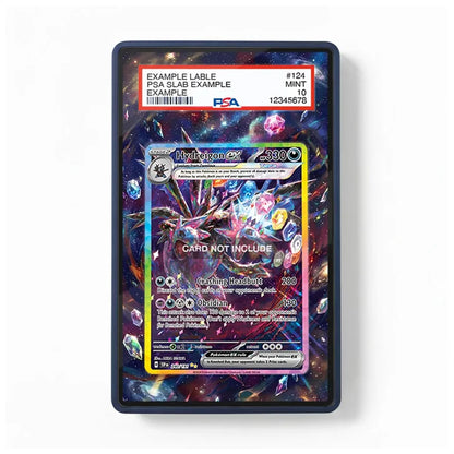 A PSA graded display card showing a holographic Pokémon TCG card with a PSA slab label at the top. The slab has a dark blue border and displays an iridescent card with a colorful cosmic and gemstone background.