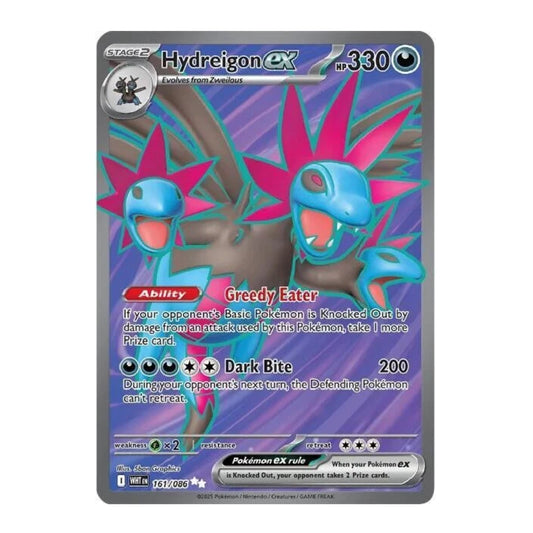 A single Pokémon trading card featuring the ex-Eevee form of Hydreigon, with a purple and blue illustrated background, pink spikes, and a gray card border on a white backdrop.