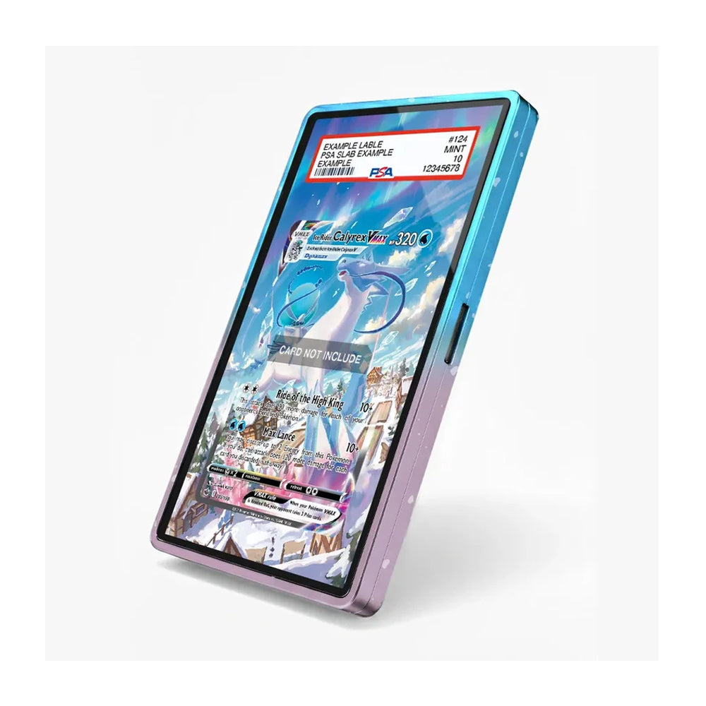 A slim rectangular tablet or e-reader device shown at an angle on a light gray background. The screen displays a colorful fantasy illustration with a blue dragon and game-style UI elements.