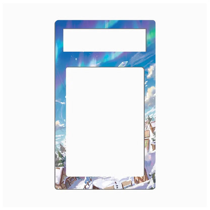 A decorative rectangular frame or plate with rounded corners, featuring an illustrated winter landscape with snow-covered buildings, trees, and a blue aurora sky. The top section has a blank white rectangular area, and the center is a large white cutout.