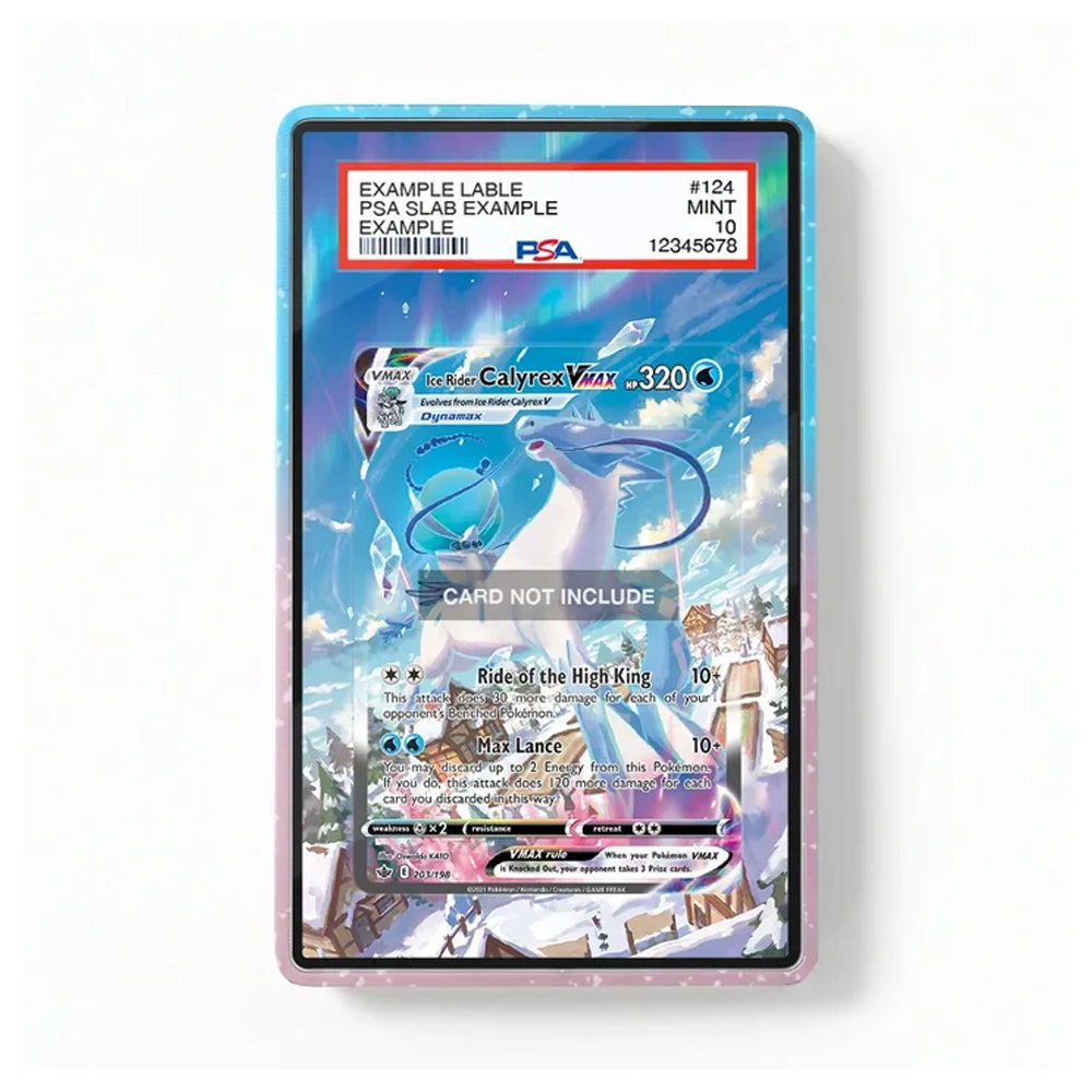 A rectangular card protection case with a glittery blue and pink border, shown containing a Pokémon trading card featuring GyarceV. The case has a clear top and bottom section and a glittery blue side panel.