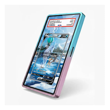 A slim protective phone case with a blue-to-pink gradient border, shown on a smartphone displaying a game screen. The case has a clear center panel with a printed sample label at the top, set against a clean white background.