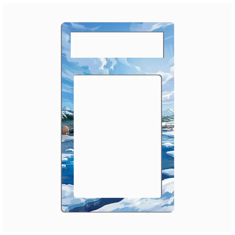 A rectangular picture frame with a landscape border depicting blue water, white ice, and distant mountains, shown on a plain white background.