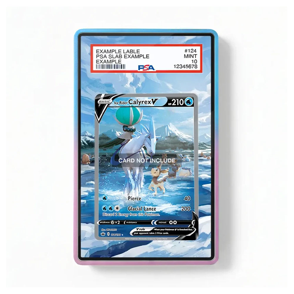 A PSA graded protective card slab containing a Pokémon Calyrex card, shown against a plain white background. The slab has a blue-to-purple gradient border, and the PSA label is visible at the top.