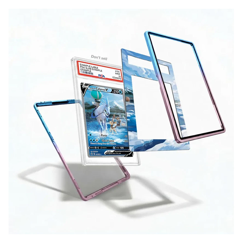A set of transparent protective phone case frames with colorful borders, shown floating around a graded Pokémon trading card in a clear slab on a white background.