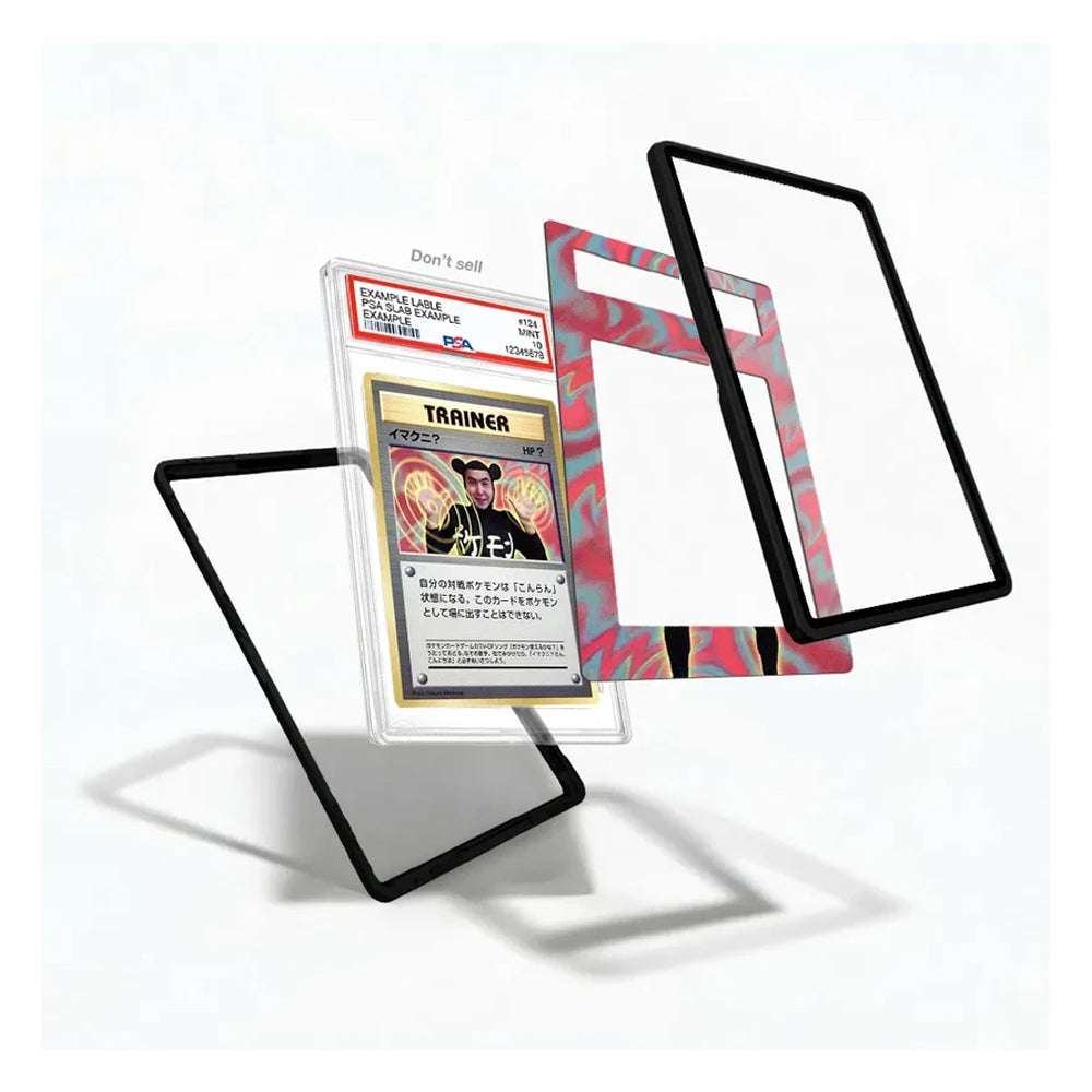 A clear acrylic card protector case with a black border, shown holding a graded Taranga trading card. The case is displayed in multiple angles on a clean white background, including one view showing a pink and blue patterned insert.