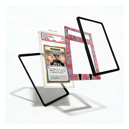 A clear acrylic card protector case with a black border, shown holding a graded Taranga trading card. The case is displayed in multiple angles on a clean white background, including one view showing a pink and blue patterned insert.