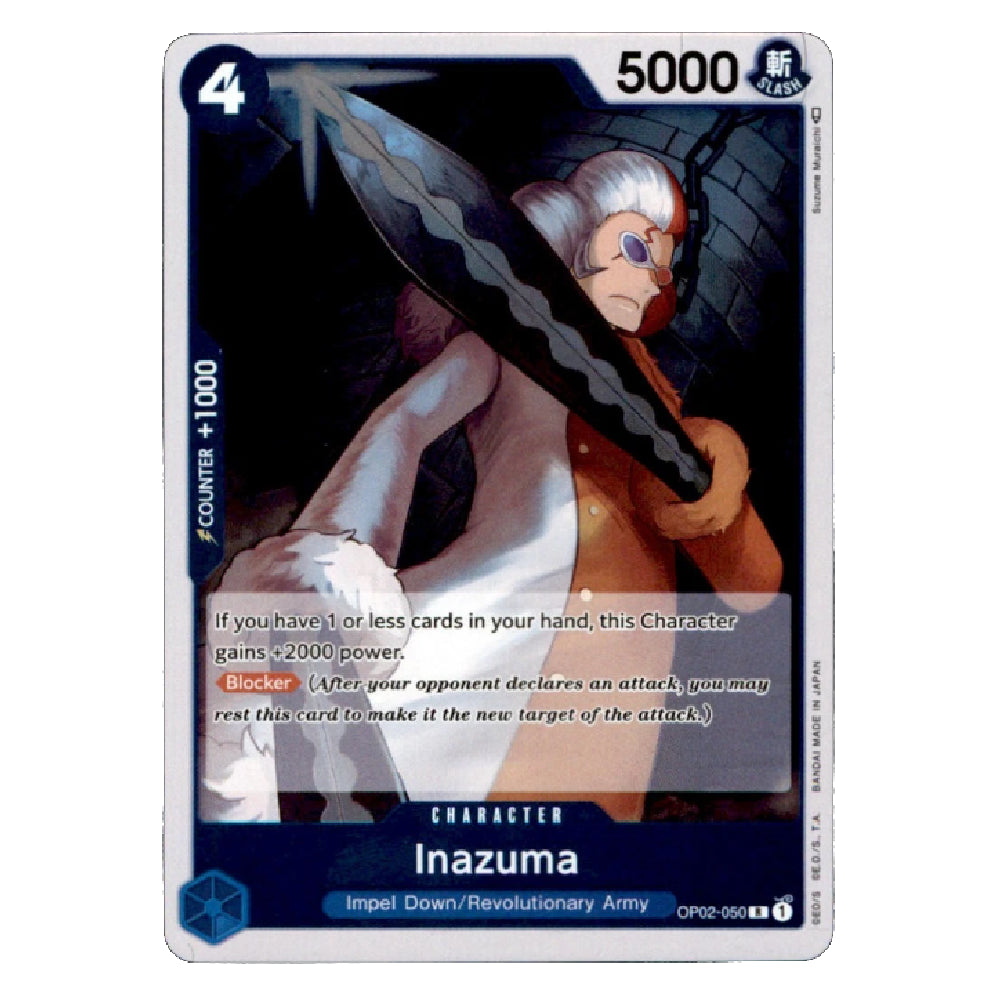 A single trading card featuring the character Inazuma, shown against a plain white background. The card has a silver border, a dark illustration of a woman holding a large sword, and text including '5000' and 'Character Inazuma'.