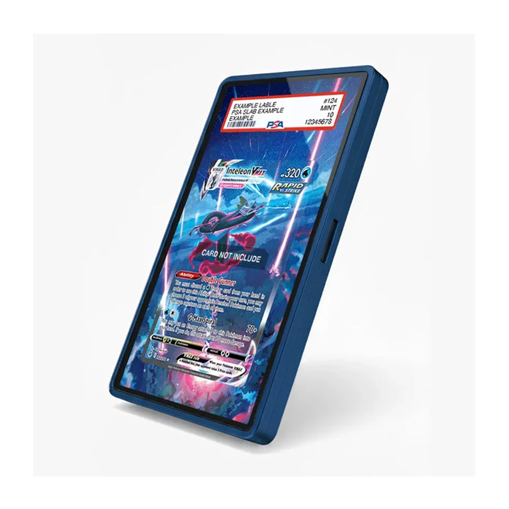 A dark blue protective phone case shown at an angle, featuring a custom printed sample card design on the screen with Pokémon branding and card details.