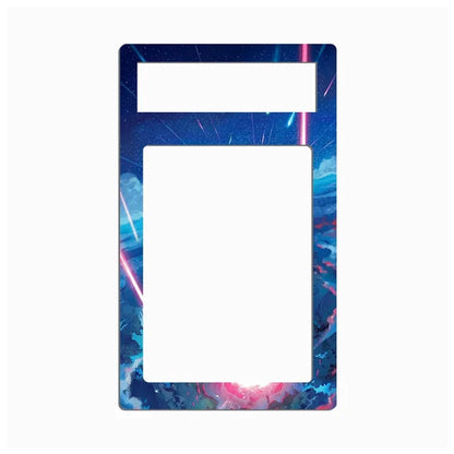 A rectangular decorative plate or frame with rounded corners, featuring a colorful cosmic space design with blue, pink, and purple nebulae and laser-like streaks. The top has a small horizontal cutout and the center has a large vertical cutout, leaving a solid white insert area.