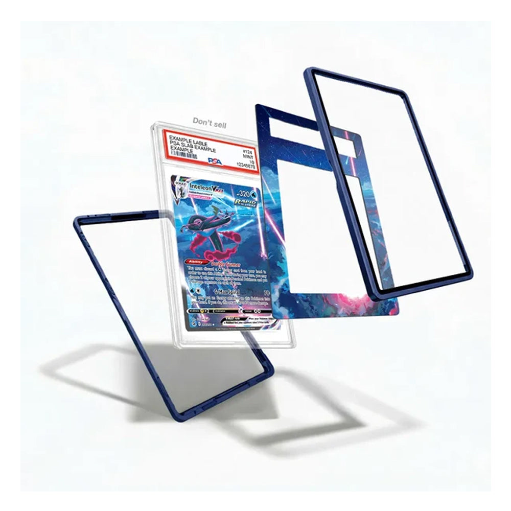 A set of custom protective card sleeves and frames shown floating against a white background. The frames feature a dark blue border, and one sleeve has a colorful galaxy print with blue, pink, and purple hues.