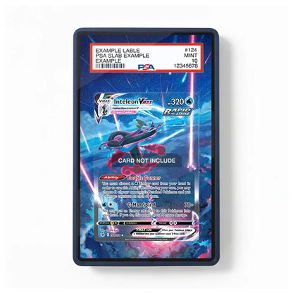 A PSA-graded holographic trading card in a clear protective slab, showing a blue and purple space-themed card with a PSA grading label at the top and a PSA logo near the center.