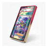 A smartphone shown at an angle with a colorful illustrated wallpaper, featuring a metallic gold frame and a pink outer bumper on a light gray background.