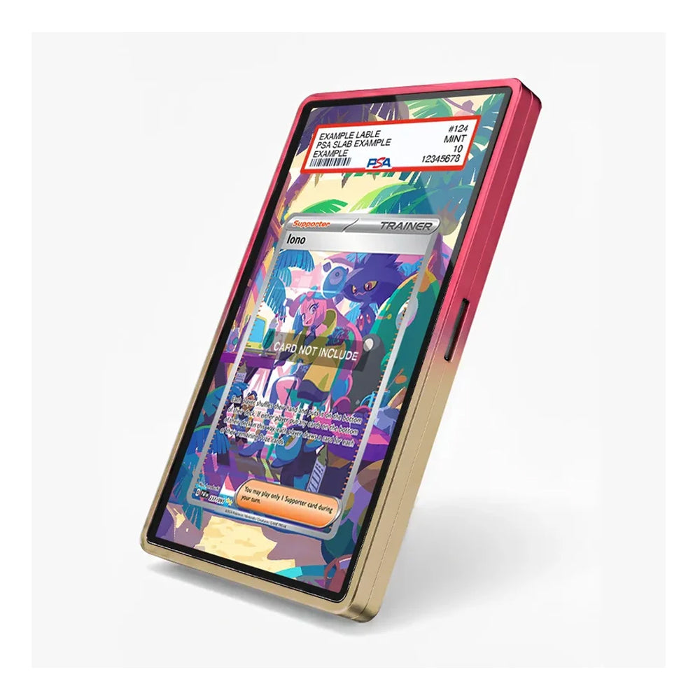 A smartphone shown at an angle with a colorful illustrated wallpaper, featuring a metallic gold frame and a pink outer bumper on a light gray background.
