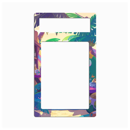 A rectangular decorative frame or mat with rounded corners, featuring a colorful tropical palm leaf and beach scene border around a large blank white center and a smaller white horizontal slot at the top.