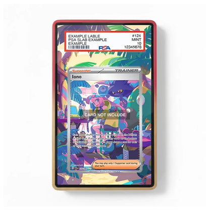 A PSA graded protective slab for a Pokémon card, featuring a colorful illustrated border and a clear top window showing an example card inside. The slab has a red outer edge and a gold-toned inner frame, with a white PSA label at the top.
