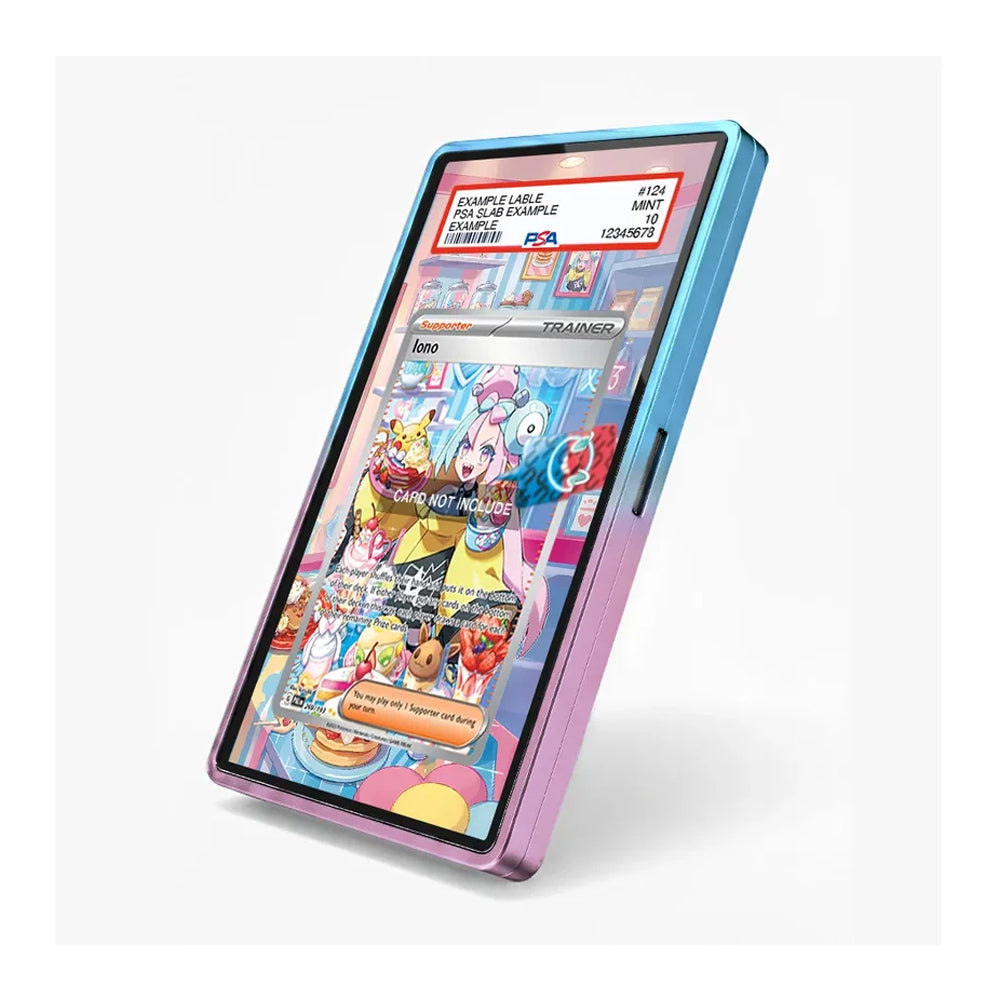 A smartphone shown at an angle on a light gray background, featuring a metallic gradient frame that transitions from blue at the top to pink at the bottom. The screen displays a colorful anime-themed digital interface.