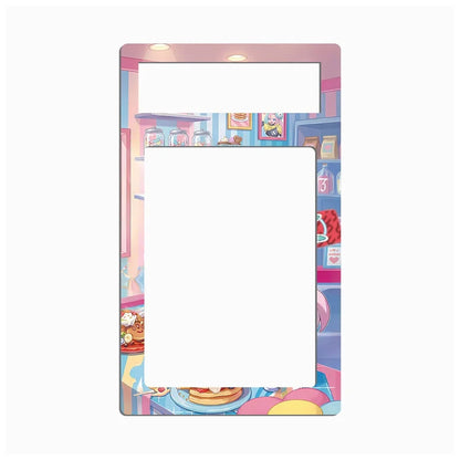 A rectangular decorative wall mirror with rounded corners, featuring a colorful cartoon cafe interior print around the border and a large blank white reflective center.