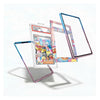 Three transparent protective card cases with colorful pastel borders are shown floating around a graded Pokémon TCG card on a clean white background.