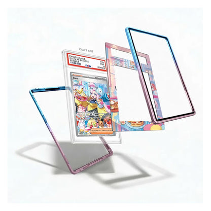Three transparent protective card cases with colorful pastel borders are shown floating around a graded Pokémon TCG card on a clean white background.