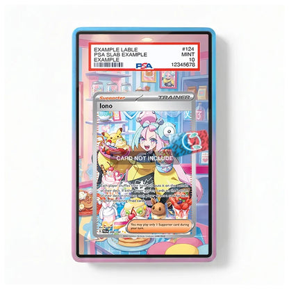 A PSA graded example trading card slab containing an anime-style card, shown against a clean white background. The slab has a pink outer border and a blue inner frame, with the PSA certification label visible at the top.