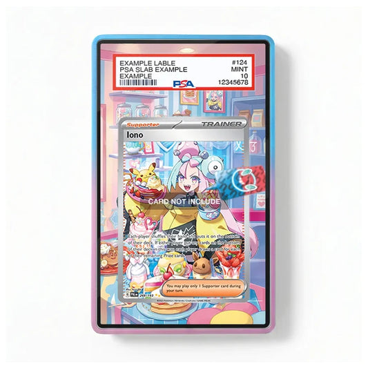 A PSA graded example trading card slab containing an anime-style card, shown against a clean white background. The slab has a pink outer border and a blue inner frame, with the PSA certification label visible at the top.