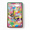 Colorful trading card in a protective holder with cartoon characters on a white background