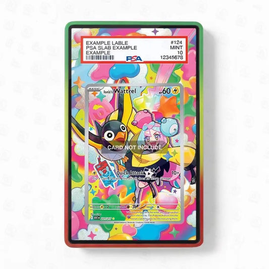 Colorful trading card in a protective holder with cartoon characters on a white background