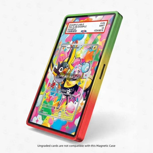 Colorful trading card holder with a card featuring a character on a white background