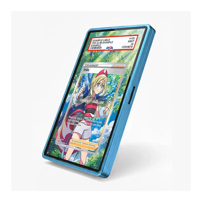 A blue protective phone case shown at an angle, featuring a sample anime trading card displayed on its screen against a clean white background.