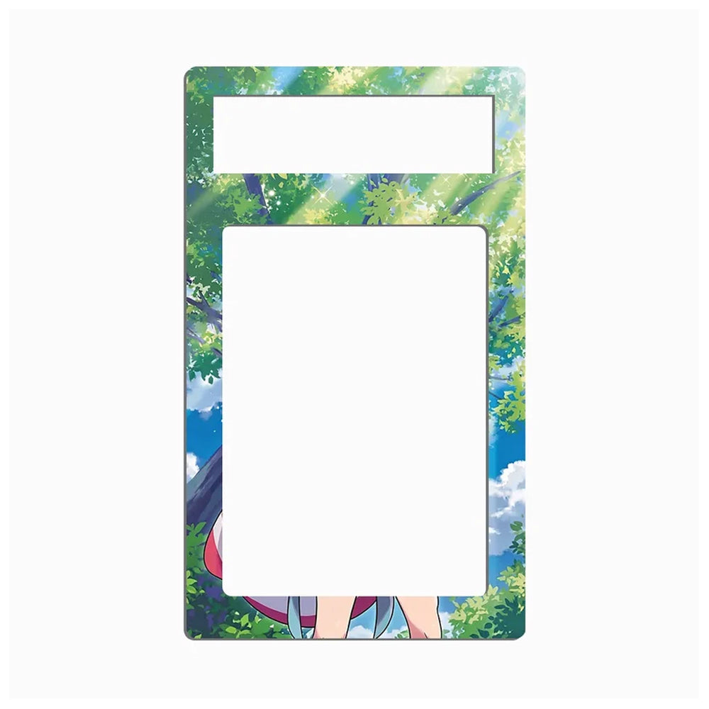 A rectangular phone case with rounded corners featuring an anime-style illustration of a girl in a forest with sunbeams filtering through green trees and blue sky. The case has two cutouts for phone components and is shown on a plain white background.