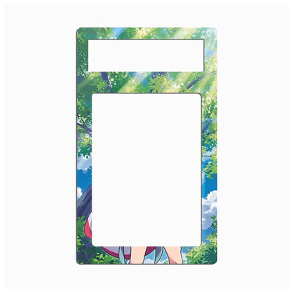 A rectangular phone case with rounded corners featuring an anime-style illustration of a girl in a forest with sunbeams filtering through green trees and blue sky. The case has two cutouts for phone components and is shown on a plain white background.