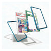 Three transparent acrylic or glass card sleeves with blue edges are shown floating around a graded Pokémon TCG card. The card is used as a display prop to show the sleeves in use, with one sleeve standing open on the left, one leaning in the center, and one standing upright on the right.