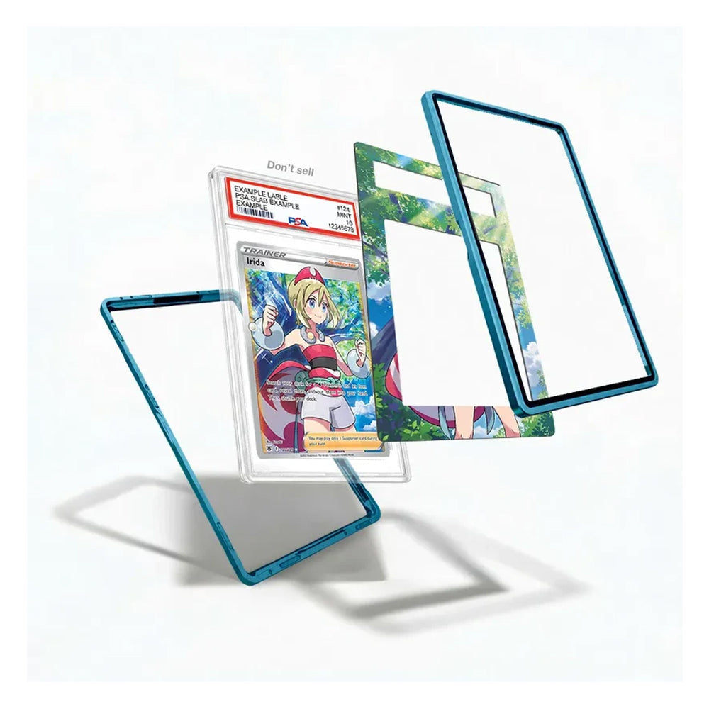 Three transparent acrylic or glass card sleeves with blue edges are shown floating around a graded Pokémon TCG card. The card is used as a display prop to show the sleeves in use, with one sleeve standing open on the left, one leaning in the center, and one standing upright on the right.