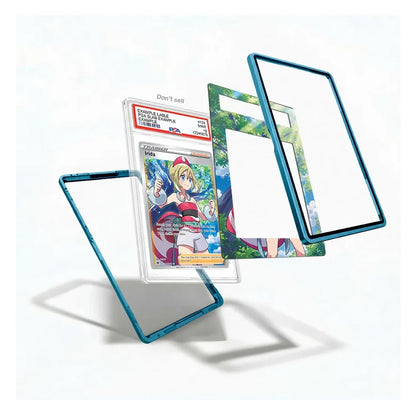 Three transparent acrylic or glass card sleeves with blue edges are shown floating around a graded Pokémon TCG card. The card is used as a display prop to show the sleeves in use, with one sleeve standing open on the left, one leaning in the center, and one standing upright on the right.