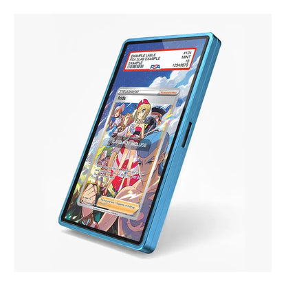 A blue protective phone case shown at an angle on a light gray background, displaying a colorful Pokémon TCG holographic insert card on its screen.