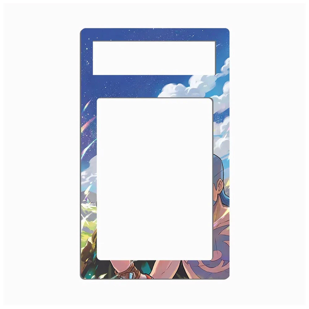 A decorative rectangular frame or insert with rounded corners, featuring anime-style artwork along the top and bottom edges. The top section is blue with white clouds and a starry sky, while the lower section shows partial illustrated characters in colorful clothing.