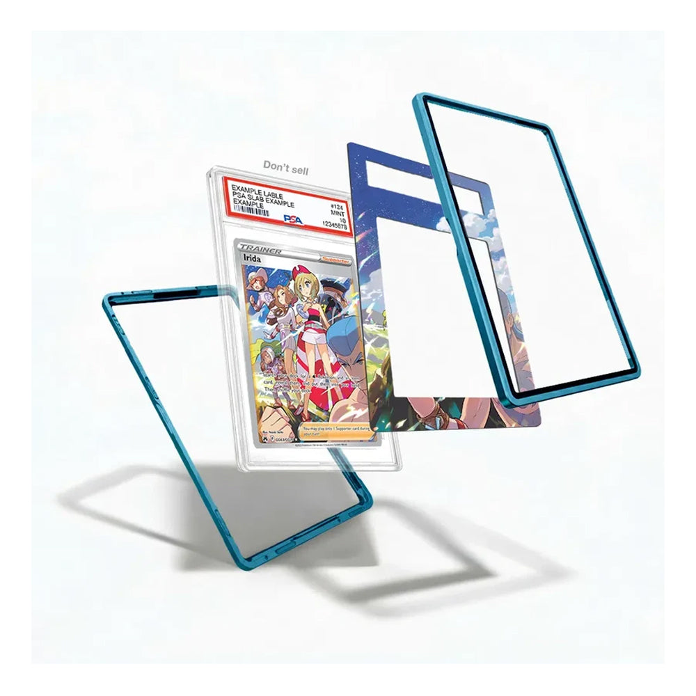 Three transparent acrylic phone cases with metallic teal-blue edges are shown floating on a white background, with one case displaying a graded anime trading card insert.
