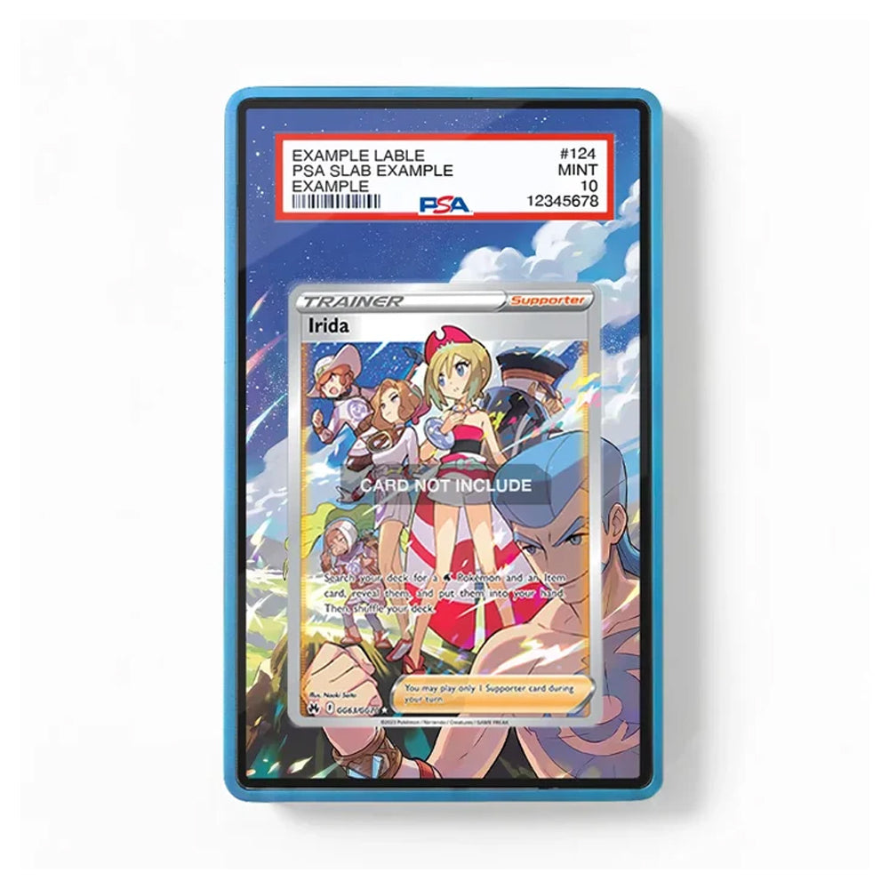 A PSA graded slab containing a Pokémon TCG card, shown against a plain white background. The slab has a blue border and a red header card with PSA branding and grading details.