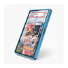 A blue metallic frame smartphone case shown at an angle on a light gray background, with a Pokémon trading card mockup displayed on the phone screen.