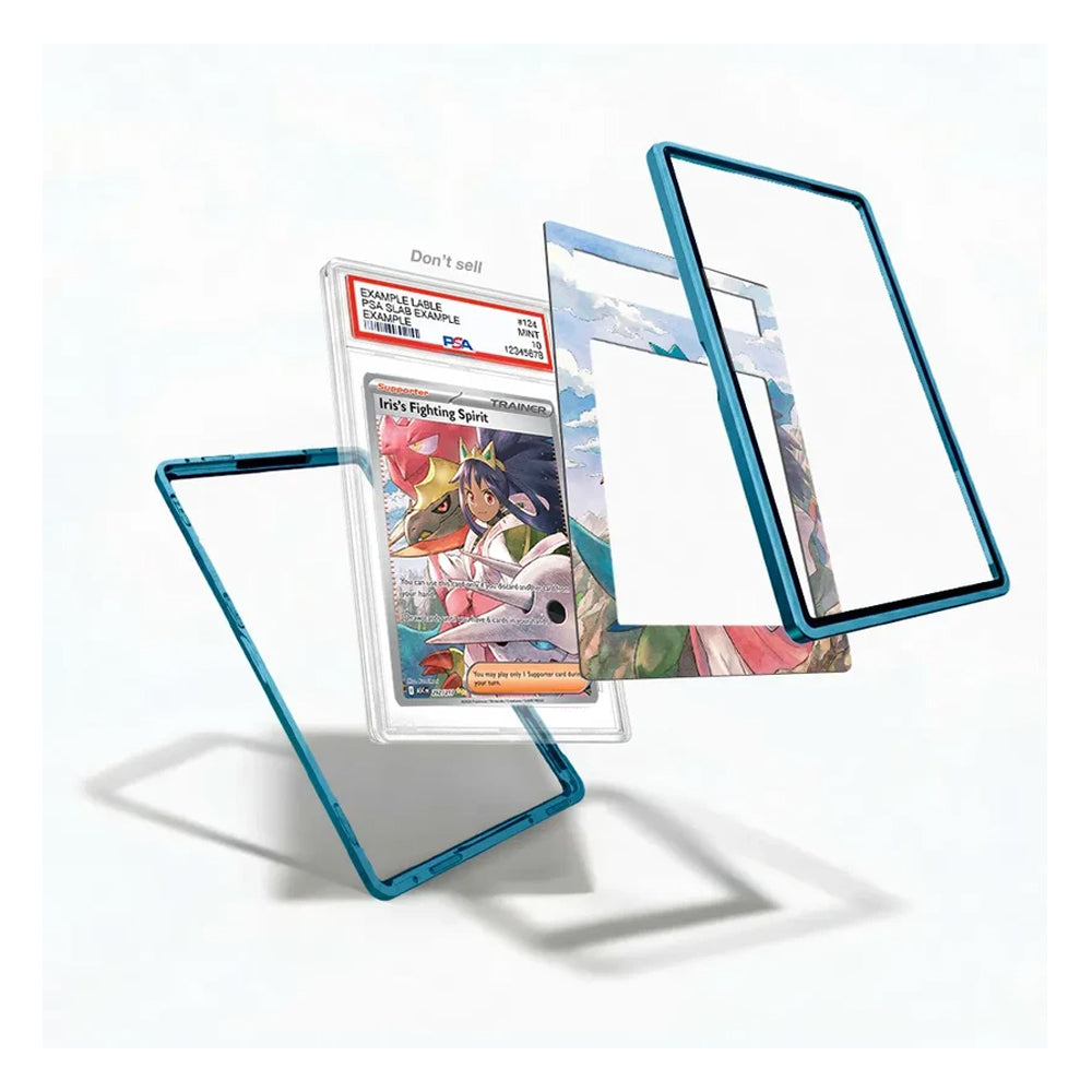 Three transparent acrylic card frames with bright blue edges are shown floating around a graded Pokémon TCG card on a clean white background.