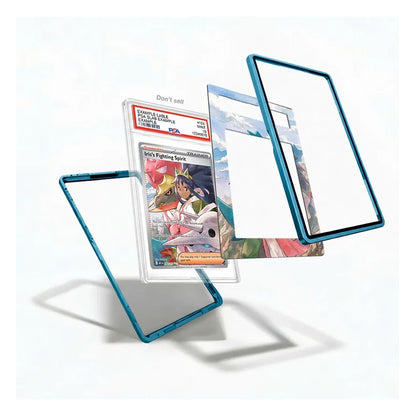Three transparent acrylic card frames with bright blue edges are shown floating around a graded Pokémon TCG card on a clean white background.