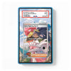 A PSA graded protective slab for a Pokémon trading card, featuring a blue border and a clear top label with grading details, shown against a plain white background.
