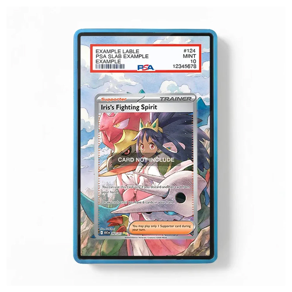 A PSA graded protective slab for a Pokémon trading card, featuring a blue border and a clear top label with grading details, shown against a plain white background.