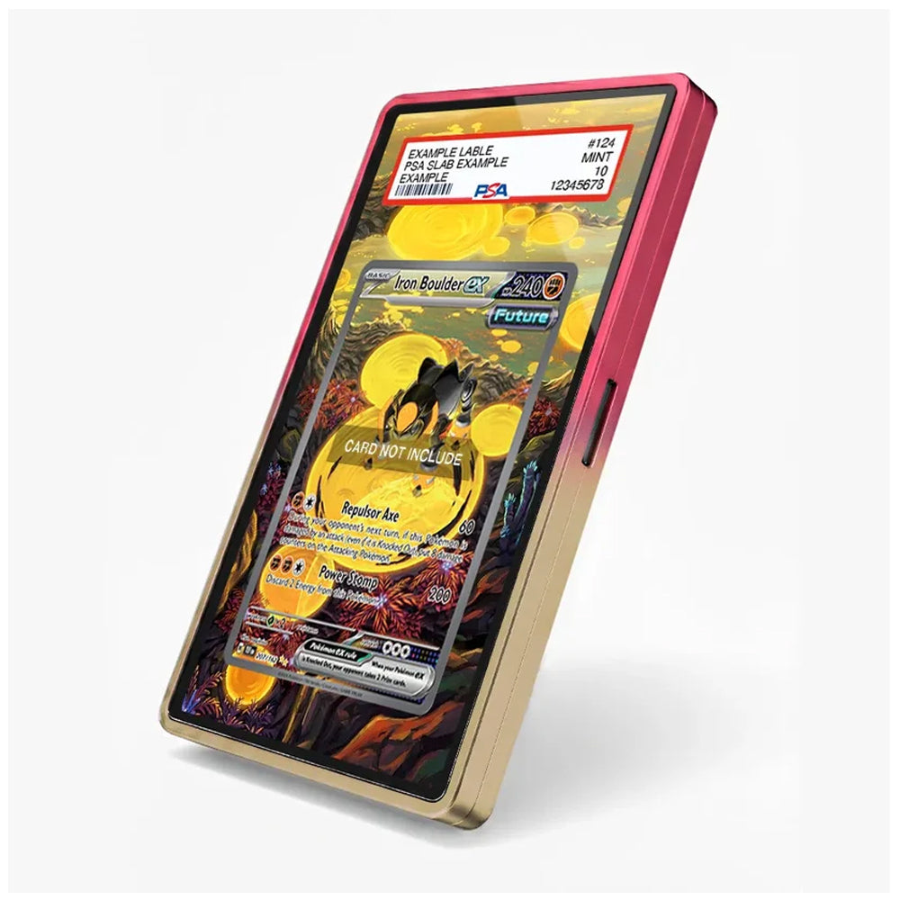 A smartphone-style device with a pink outer frame and a gold inner bezel, shown at an angle on a light gray background. The screen displays a colorful card-art interface with text and graphics, including a visible 'Pokémon' logo.